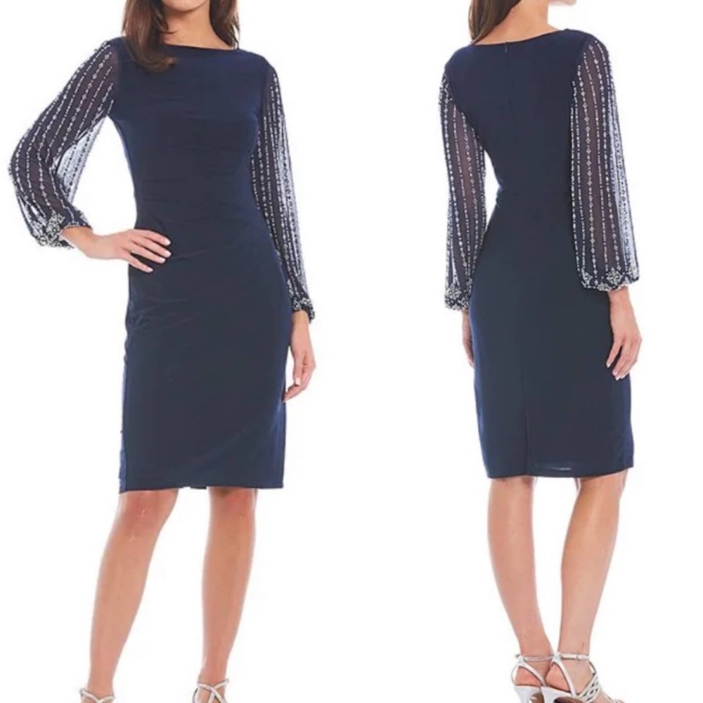 MARINA Navy Blue Dress with Sheer Sleeves